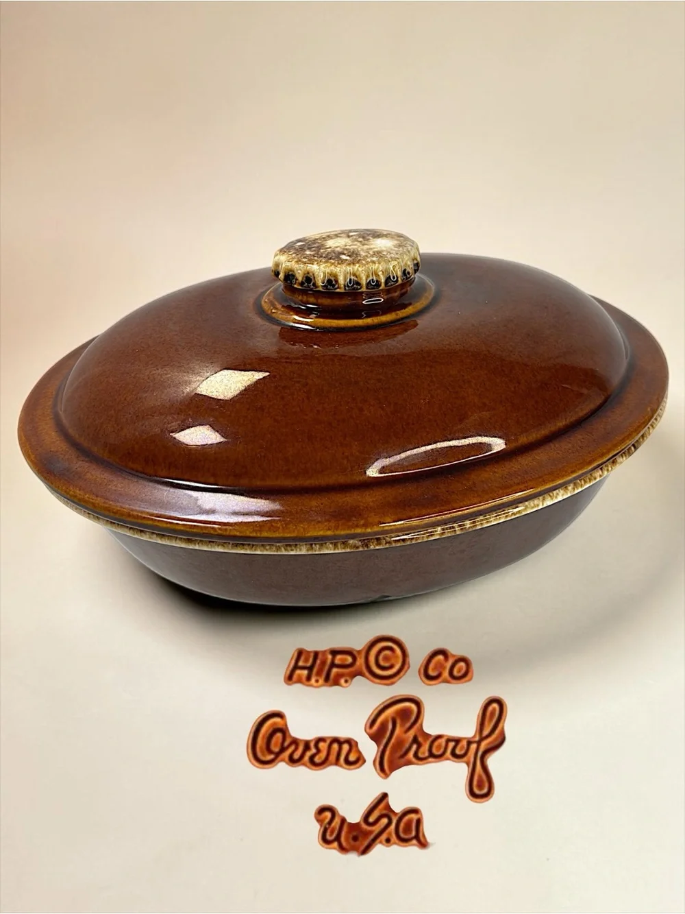 Vintage H.P. Co Oven Proof Covered Casserole Dish USA Brown Drip Glaze Stoneware